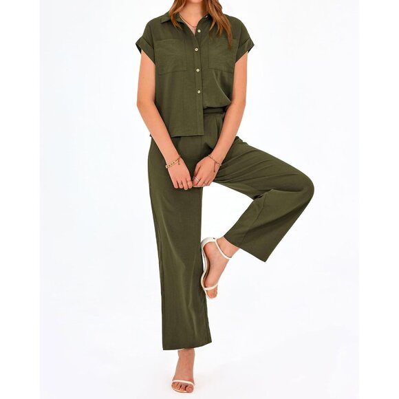 Women's 2 Piece Summer Set Polyester Cap Sleeve Top Palazzo Pants Casual - Picture 6 of 6